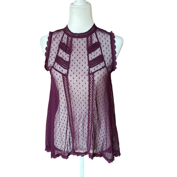 Free People Fiona Plum Mesh Sheer Lace Top Women's Size S Boho Victorian Whimsy - Picture 1 of 9